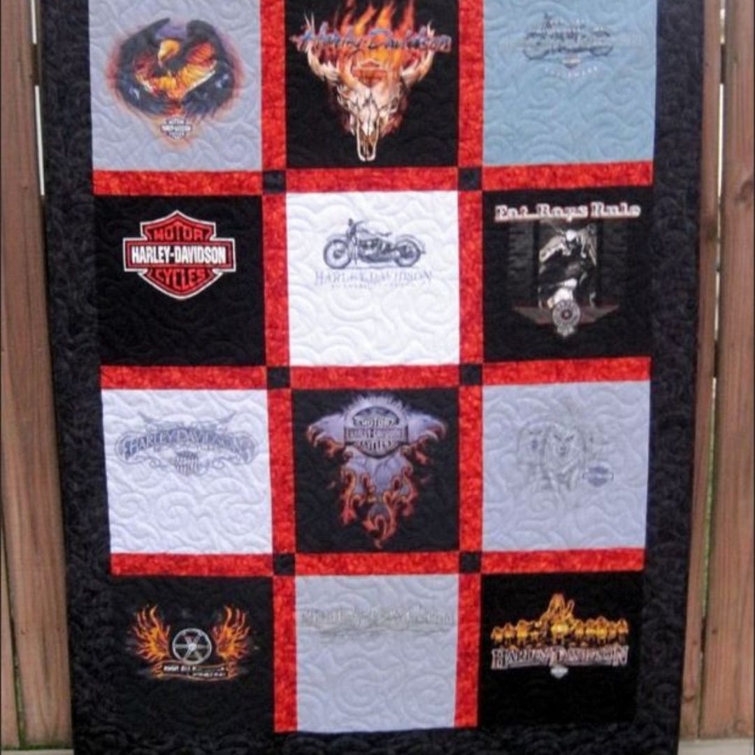 completed t-shirt quilt with Harley Davidson themed shirts