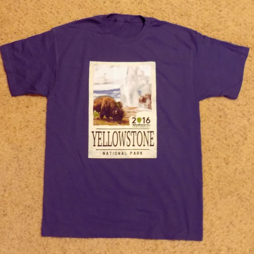 blue tshirt with a picture of a bison and the words yellowstone