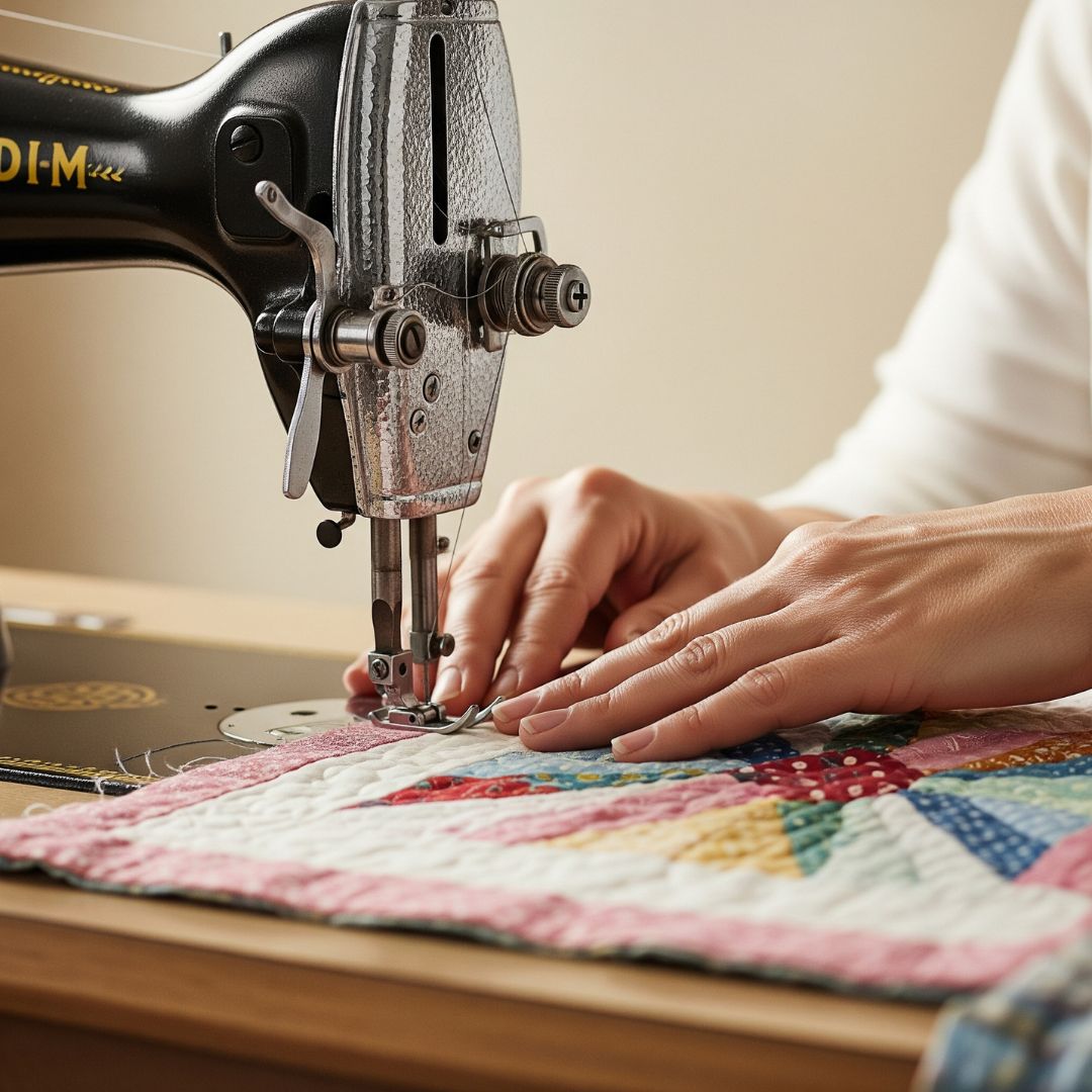 Hands carefully guiding fabric under a sewing machine, creating a quilt.
