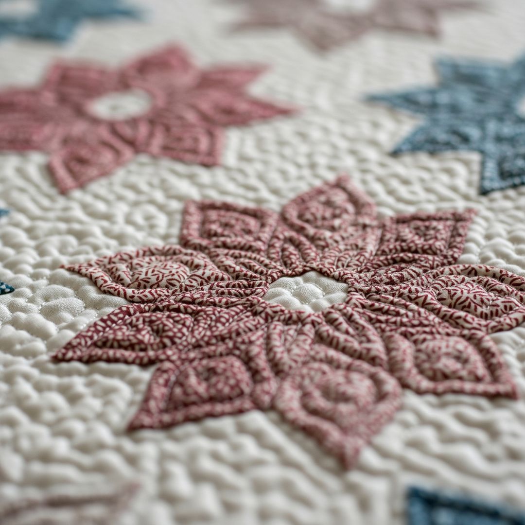 Close-up of intricate quilt stitching, showcasing craftsmanship.