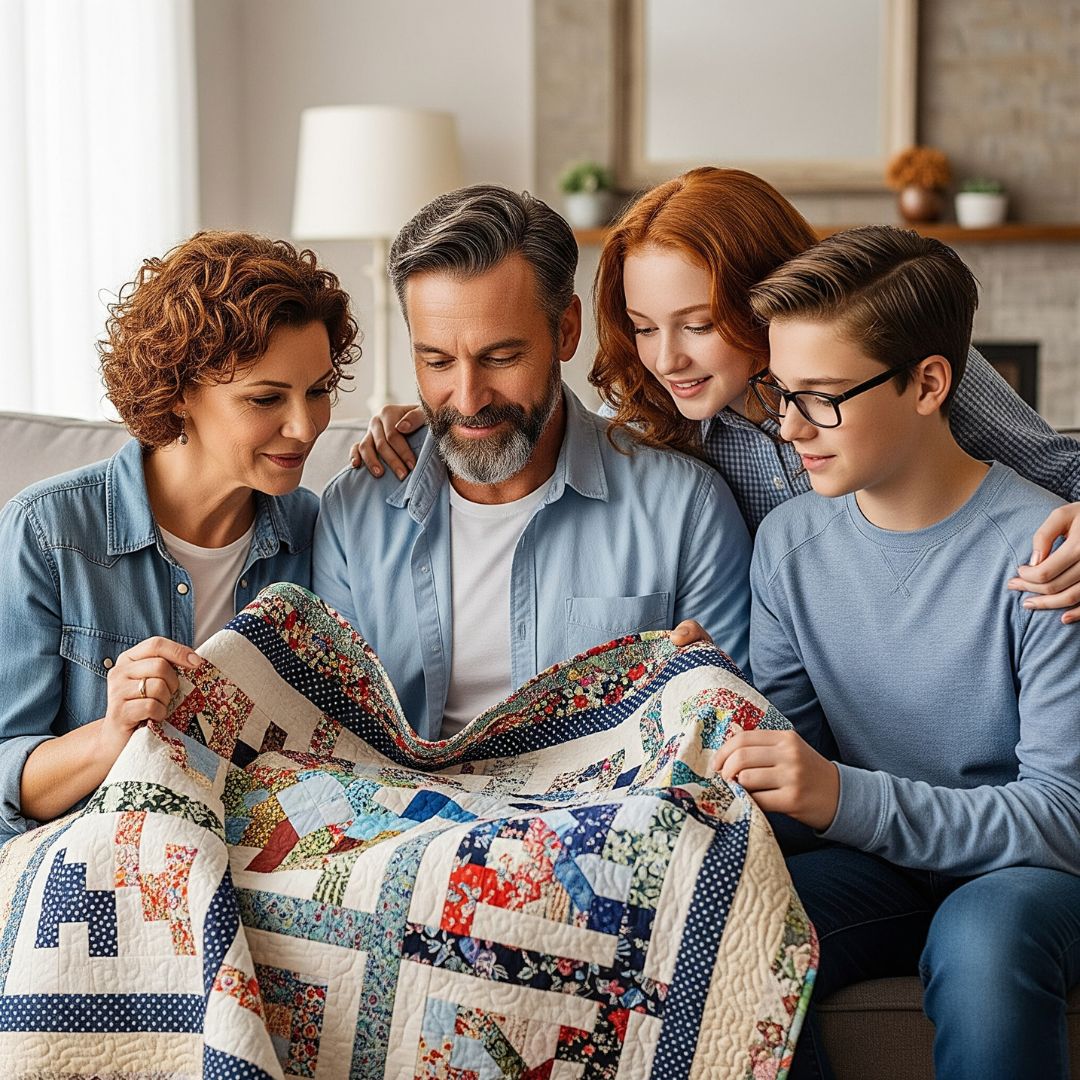 A family looking at a memory quilt, sharing a sentimental moment.