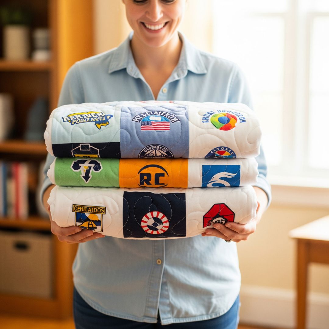 A person proudly displaying a completed t-shirt quilt.