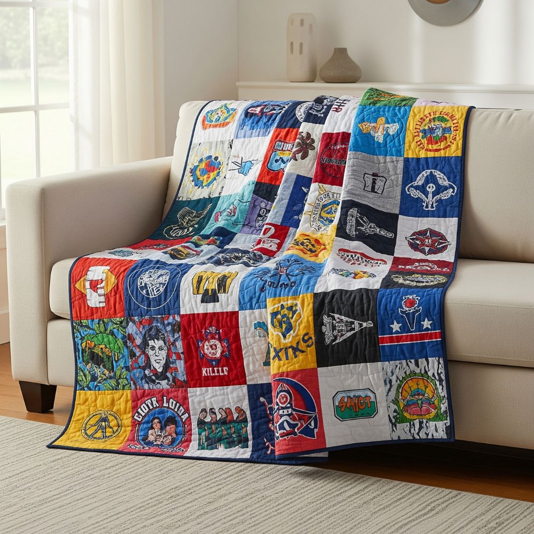 A colorful t-shirt quilt draped as a decorative element on a cozy living room couch.