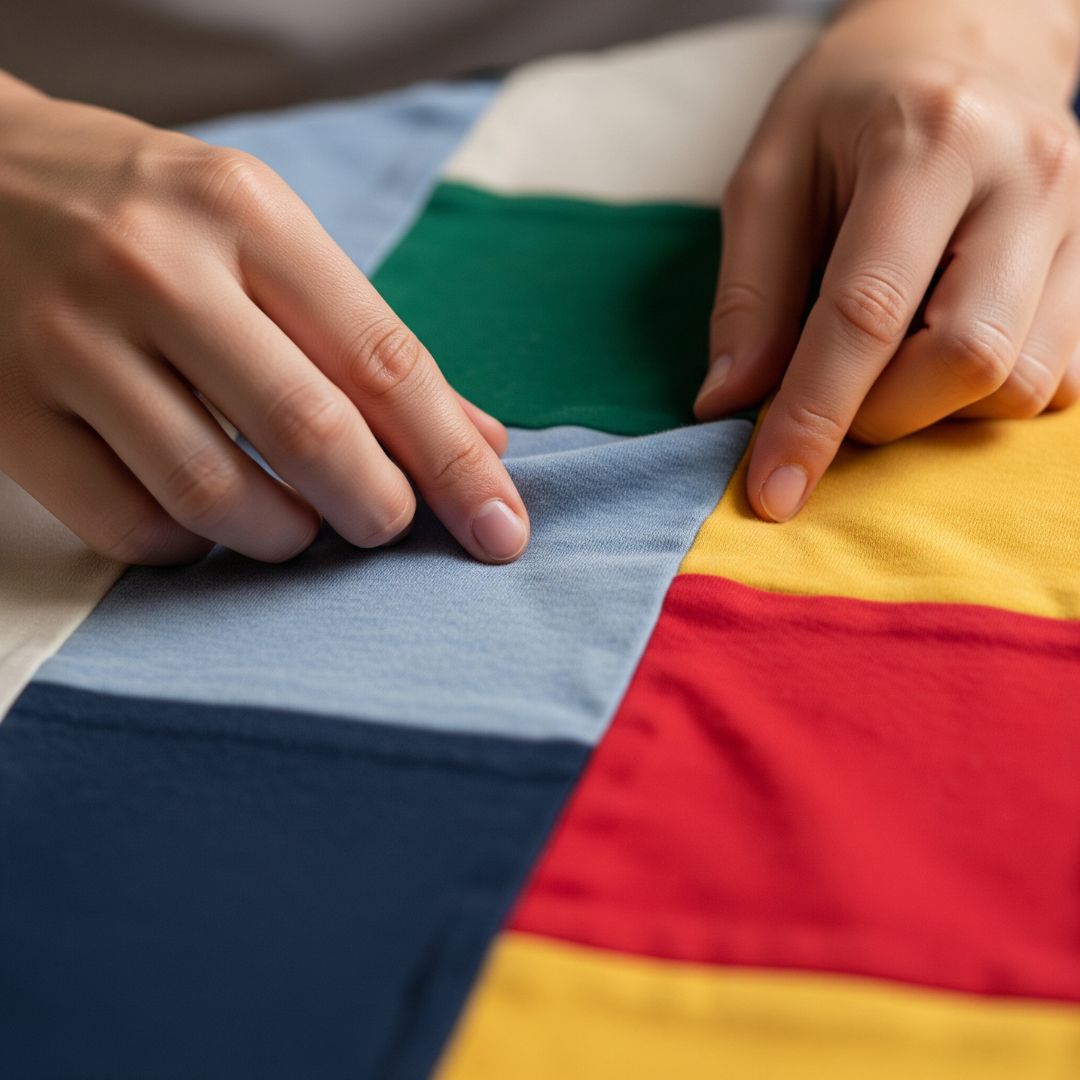 Hands softly touching a fabric patch on a t-shirt quilt, evoking feelings of comfort and memory. 