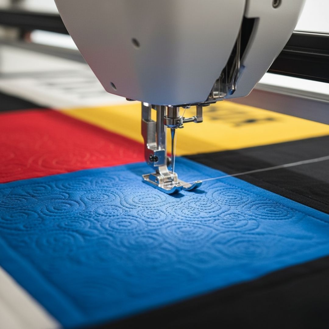 close-up view of a longarm quilting machine's needle