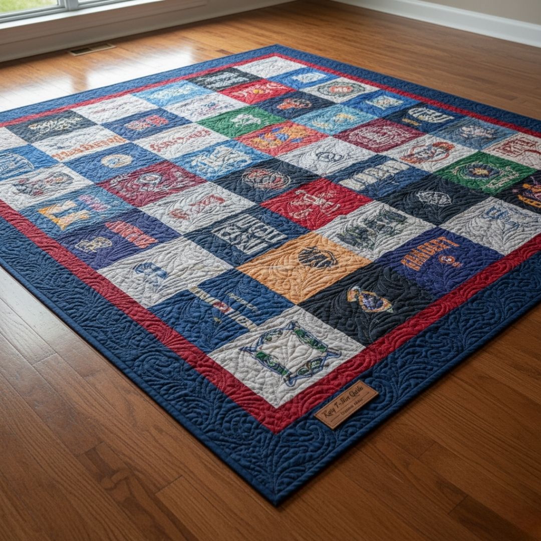 large, finished t-shirt quilt with various sports and event logos is spread out on a wooden floor, showcasing detailed quilting patterns