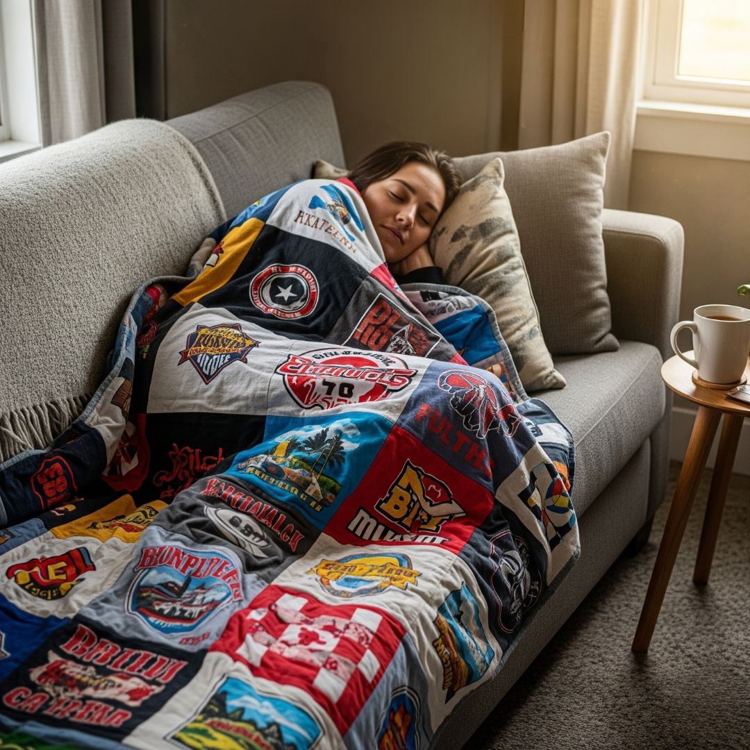 A person wrapped cozily in a t-shirt quilt on a sofa