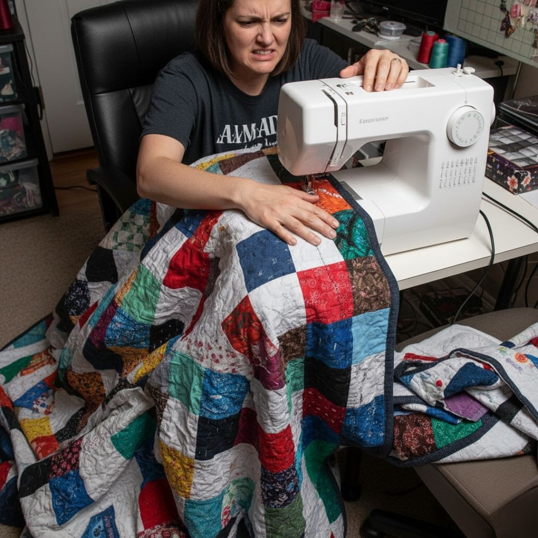 woman shows a pained expression while struggling to maneuver a large, heavy, patchwork quilt under the small arm of a domestic sewing machine