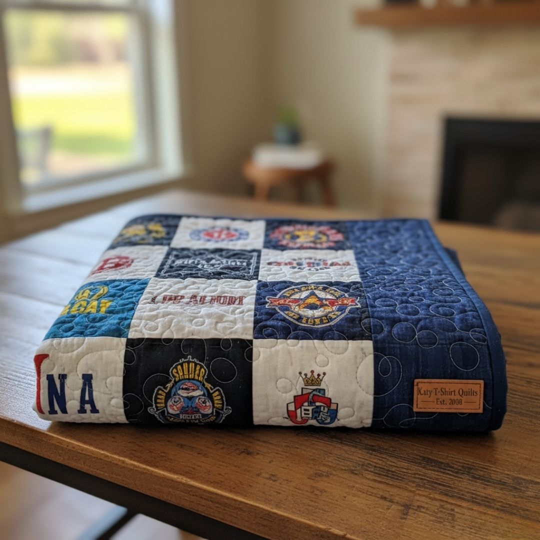 neatly folded t-shirt quilt, showcasing various sports and event logos