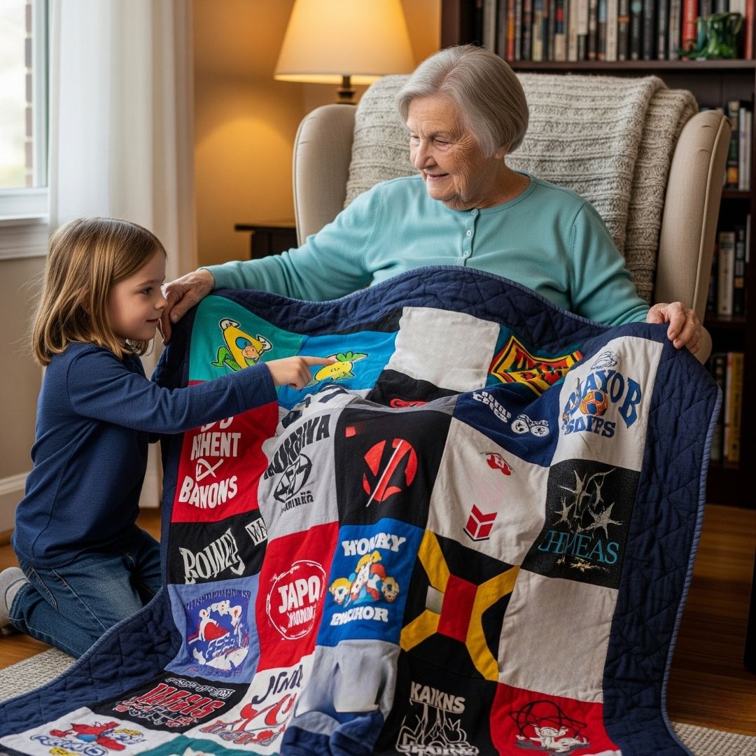 Grandparent and child looking at a t-shirt quilt together